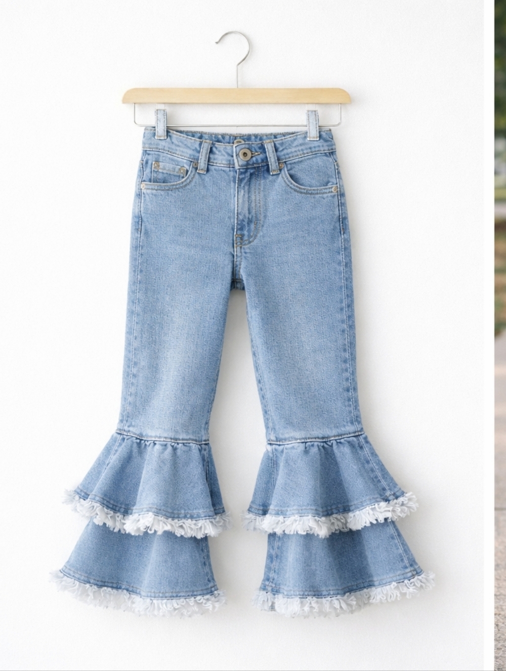 Girls Ruffle Flare Jeans 4T | Double Tier Bell Bottom Denim | Trendy Boutique St
